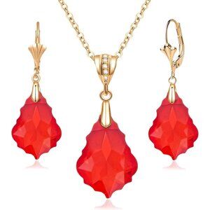 👑Women Red Necklace Leverback Drop Dangle Earrings 14K Gold Plated Jewelry Set